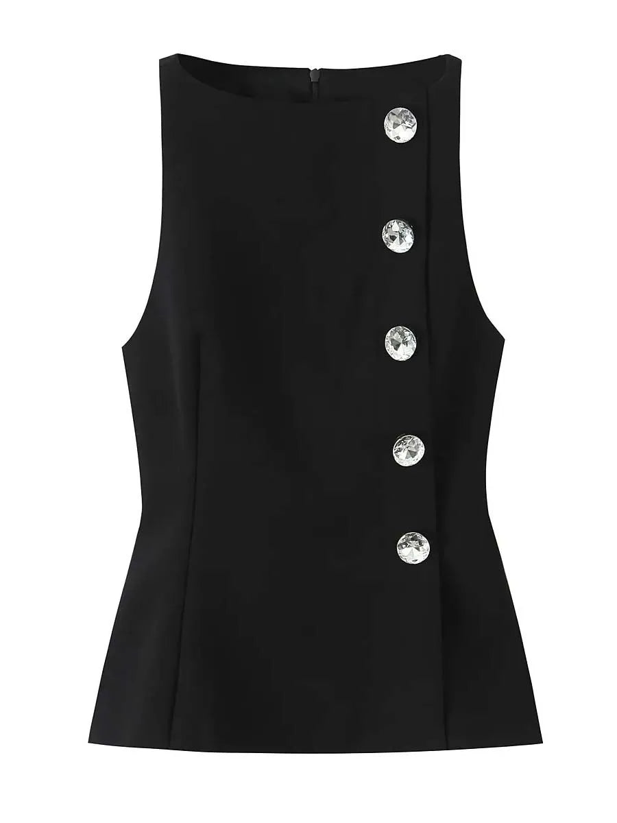 Black Fashion Basics Waistcoat for Women Round Neck Sleeveless Patchwor Diamonds Office Vest Female 2026 New Style