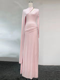 Women'S Metal Buckle Elegant Soft Dress Solid Spliced Folds Long Sleeved Slim Asymmetric Design Long Dress Female New
