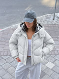 Casual Hooded Puffer Jacket Women Plaid Lining Drawstring Collar Quilted Warm Padded Elastic Cuff Coat Winter Oute Street Wear