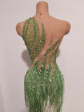 Women One Shoulder Sexy See-Through Sparkly Rhinestones Tassel Green Dress Latin Dance Outfits Bar Nightclub Party Stage Costume