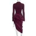Chic Burgundy Long Sleeve Midi Dress for Women High Neck Slim Ruched Asymmetrical Skirt for Business Social Events