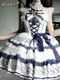 Olivegirl Lolita Dresses New Chinese Style Flower Print Lace Patchwork Sweet Bow Appliques Short Spaghetti Strap Dresses