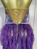 Sexy Purple Mesh See Through Purple Long Sleeves Mini Dress Luxury  Diamonds Birthday Evening Party Bar Nightclub Stage Costume