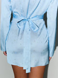 Women's Satin Floral Print Wrap Mini Dress Long Sleeve V Neck Wrinkle Lace Up Slim Short Dress Summer Party Casual Dress