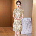 Classic Champagne Golden Mother Bride Cheongsam Dresses Chinese Embroidered Wedding Evening Dress for Women Party