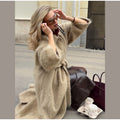 Camel Lapel Collar Coat Women Maxi Brushed Fuzzy Wool Self Tie Belt Waist Cinched Jacket Oversized Chic Autumn Winter Outerwear