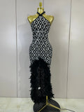 Luxury Sparkly Diamonds Feathers Black Halter Asymmetry Long Dress Women Sexy Sleeveless Backless Evening Party Birthday Dresses