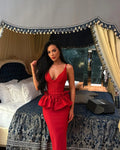 Valentine's Day Women Sleeveless V-Neck Ruffles Bodycon Long Bandage Dress Celebrate Evening Party Birthday Cocktail Dress