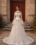 Off Shoulder Lace Wedding Dress Basque Waist Bridal Gown Vintage Bell Sleeve Ball Gowns Church Castle Marriage Clothes
