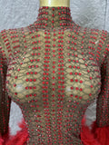 Red Pink Slim-fit Feather-Trimmed Sheer Dress Sexy Performance Costume Dance Party Singer Stage Nightclub Luxury Outfit