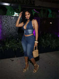 Denim 2 Piece Set Women Summer Halter Wrap Chest Backless Zip Halter Tops+Shorts Matching Hipster Vintage Streetwear
