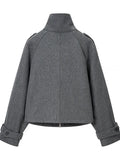 Gray Minimalist Woolen Coat for Women Stand Collar Long Sleeve Pathowrk Single Breasted Loose Casual Jacket Female