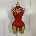 New Luxury Sparkly Red Rhinestones Stretch Bodysuit Women Birthday Party Nightclub Bar Singer Dancer Performance Stage Costume