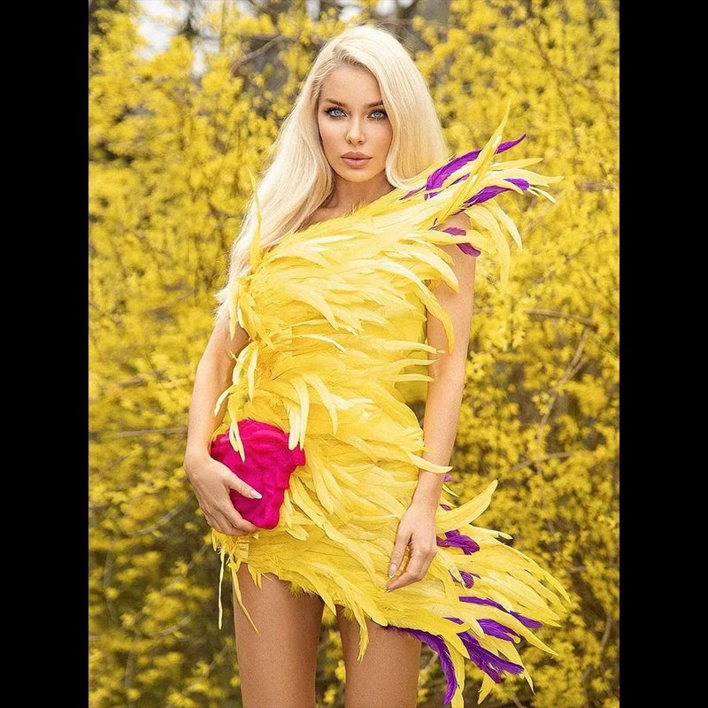 Vibrant Yellow Mini Dress Elegant Sleeveless Feather Design For Birthday Party Club Stage Performance Evening Events Party Dress