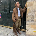 Brown Suede Shearling Lined Hooded Cropped Jacket Women's Bomber Coat  Warm Winter Outerwear Fashion High Street Lady Outfit