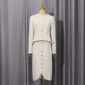 Minimalist Style Two Piece Set Female O Neck Long Sleeve Top with Button High Waist Split Bodycon Office Skirts Suit Female