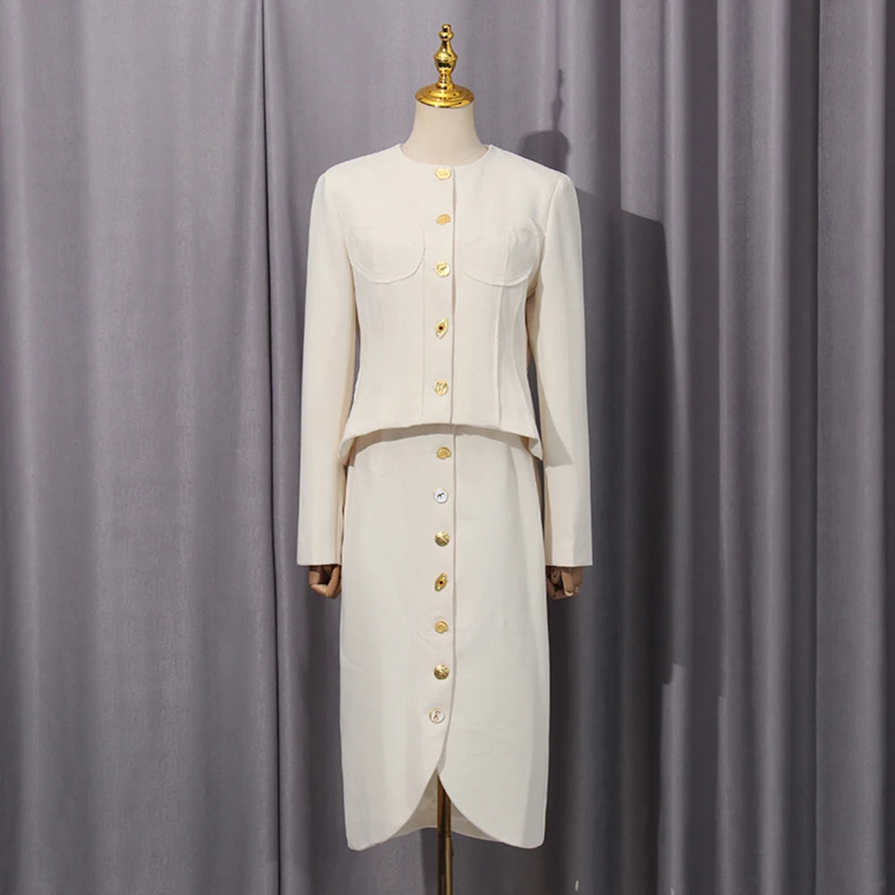 Minimalist Style Two Piece Set Female O Neck Long Sleeve Top with Button High Waist Split Bodycon Office Skirts Suit Female
