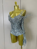 Sexy Sparkly Rhinestone Performance Dancer Stage Bodysuit With Gloves Women Birthday Party Nightclub Bar Dancer Photoshoot Wear