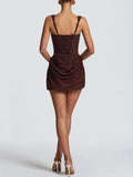 Sexy Solid Color Mini Dress for Women Round Neck Sleeveless High Waist Spliced Folds Bodycon Party Dresses Female