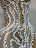 Women Luxury White Pearl Sequines Mesh Transparent Long Dress Club Elegant Evening Party Dress Birthday Photoshoot Clothing