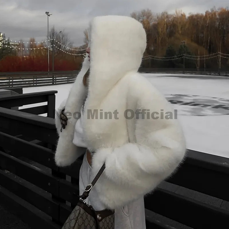 Winter 2026 Pure White Mountain Fashion Hooded Cropped Faux Fur Coat Women Fluffy Eco Fox Fur Jacket Girls Hot Overcoat