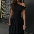 Solid Slimming Temperament Dresses for Women Diagonal Neck Short Sleeves Patchwork Ruffles Fold Dress Female New