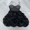 Sexy Rhinestone Bodycon Ruched Puff Suspenders Dresses Women Sheer Mesh Birthday Party Night Clubwear Summer Dresses Robes