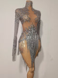 Luxury Sparkly Rhinestones Tassel Sexy See-Through Dress Women Latin Dance Outfits Bars Nightclub Party Perform Stage Costume