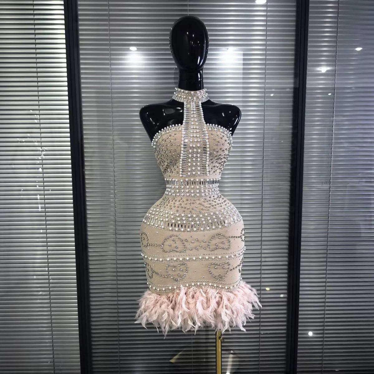 Khaki Women Sexy Halter Off the Shoulder Shining Beading Rhinestones Bodycon Mini Bandage Dress Feathers Elegant Evening W