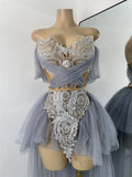 Sexy Top Skirt Mesh Designer Women's Outfit Two Pieces Backless Evening Party Birthday Dress Nightclub Stage Performance Costume