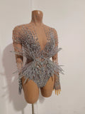 Sexy Sparkling Crystal Bodysuit Long Sleeve See Through Mesh JumpsuitEvening Party Bar Dancer Stage Wear For Female Singer
