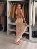 Sexy V-neck Halter Backless Printed Long Dress Women Sleeveless Lace Up High Waist Slim A-line Maxi Dress Lady Chic Casual Dress