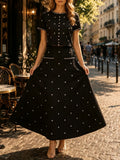 Elegant Beaded Two Piece Set for Women Round Neck Short Sleeve Cropped Top A Line Maxi Skirt for Office Daily Party Suit