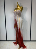 Sparkly Tassel Pearl Strapless High Slit Dress Luxury Evening Party Gown Nightclub Singer Performance Costume Festival Dresses