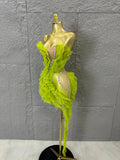 Luxury Green Sheer Mesh Ruffle Dress Neck Crystal Rhinestone Trim Cut Out Slim Fit Evening Wedding Guest Cocktail Party Dress