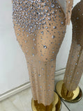 Sparkly Rhinestone Women Sexy Mesh See Through Floor Length Long Sleeve Birthday Dress Party Nightclub Stage Wear