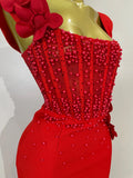 Women Red 3D Floral Beading Pearl Sexy Sleeveless Bodycon Long Bandage Dress Elegant Club Party Birthday Wedding Prom Wear