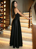 Solid Square Neck Around The Neck Maxi Dress Slim Fit Sleeveless Backless Long Gowns Elegant Women's Dinner Guest Evening Robes