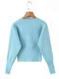 Two Piece Set For Women O Neck Lantern Sleeve Patchwork Buttons Tunic Cardigan Mid Waist Shorts Casual Suit Female