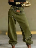 Women High Waist Wide Leg Jeans Layered Washed Asymmetrical Hip Hop Streetwear Summer