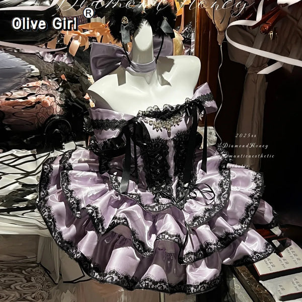 Olivegirl Sweet Lace Dress Lolita Purple Cute Girl Spring High-end Women Summer Birthday Party Elegant Princess Lolita Dresses
