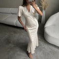 Printed Maxi Dress Women Elegant Slim V-Neck Short-Sleeve Evening Dress Summer New Casual Commuter Female Dress