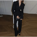 Women Solid Lapel Neck Top Pant Suit Set Elegant Full Sleeve Single Breasted Slim Coat Leg Loose Pants Suit Lady New Chic Sets