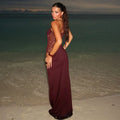 Spring Lace Long Dress Women's Solid Spaghetti Straps Backless See Through Long Dress Sexy High Waist Vintage Dresses