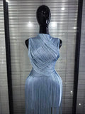 Pink Skyblue Women Sexy O-Neck Bodycon Bandage Long Tassels Gowns Dress Elegant Evening Party Birthday Homecoming Outfit
