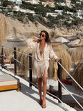 Beige Embroidered Long Tunic Top V Neck Long Sleeve Lace Fringe Hem Boho Blouse 2026 Summer Beach Vacation Cover‑up Streetwear