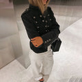 Cropped Denim Jacket Women Stand Collar Bell Sleeves Double Breasted Splicing Retro Fashion Biker-Style Coat Autumn 2026