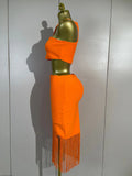 Elegant Celebrity Evening Club Party Prom Luxury Birthday Dress Women Sexy Top Short Tassel Skirt Orange Bandage Two Pices Set