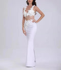 Sexy White Two Pieces Set Flowers V-Neck Tops Bodycon Long Dress Women Eveing Party Prom Gown Nightclub Celebrate Birthday Dress