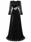 Fashion V Neck Lace Long Puff Sleeve Floor Length Dress for Women Ruched Waist Rhinestone Decoration for Banquet Gala Event